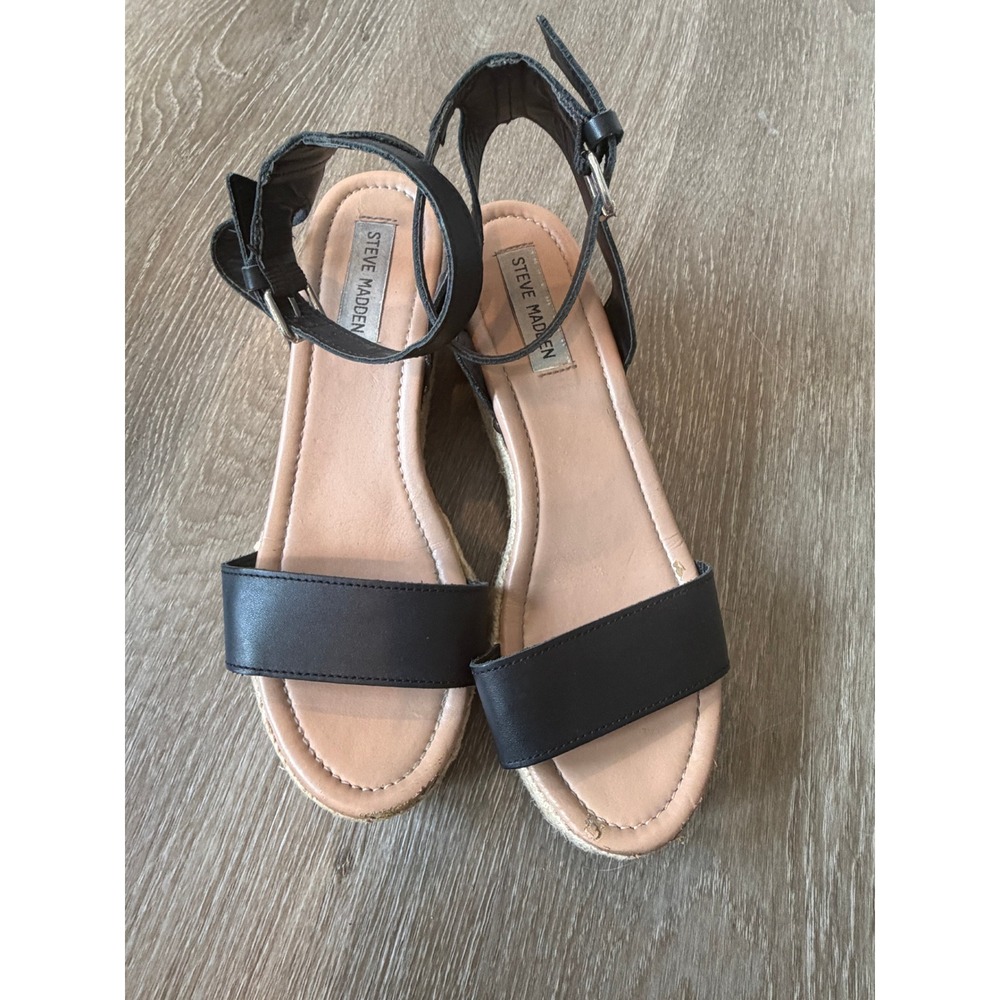 Steve Madden Black Espadrille Platform Wedge Sandals Womens 8 Ankle Strap Cork
